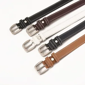 Women casual leather belt with double stitch design and metal pin buckle for daily wear