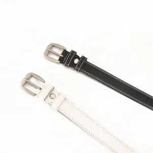 Women casual leather belt with double stitching and metal pin buckle for daily wear main view.