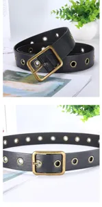 Black leather grommet belt with vintage square buckle, stylish accessory for women's trousers.