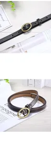 Women thin black leather belt with gold oval buckle stylish waist accessory for jeans trousers daily wear