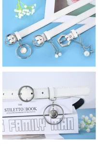 Women white leather belt with cute metal charms, versatile minimalist fashion accessory for jeans.