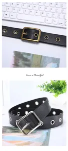 Women black grommet belt retro square buckle metal eyelet waist belt casual streetwear