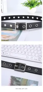 Black leather belt with metal grommets and square buckle, stylish punk waist belt for women.