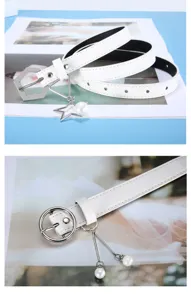 White women's belt with stylish metal buckle and elegant pearl charms, perfect detail view.