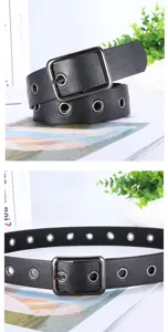 Detailed view of black leather grommet belt featuring metallic square buckle and metal eyelets.