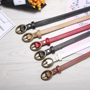 Women's Slim PU Leather Belt Retro Oval Golden Pin Stitching Casual Versatile Waist Strap Fashion Accessories