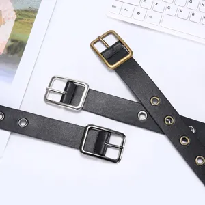 Women's Casual PU Leather Belt Vintage Square Metal Buckle Full Grommet Studded Black Waist Belt For Daily Wear