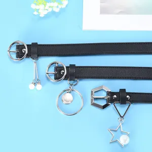 Women stylish black leather belt set with cute metal charms and pearl pendants for jeans.