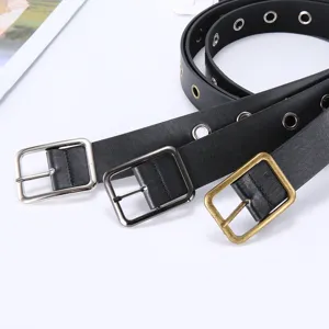 Women's black leather belt with metal grommets and square buckle casual pants waistband