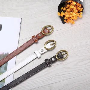 Women slim leather belt set with vintage gold oval pin buckle, stylish minimalist jeans waist belt.