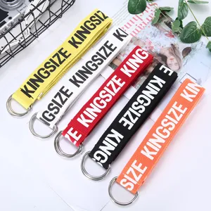 Canvas belt with double ring buckle, trendy letter print strap, casual fashion trouser belt.