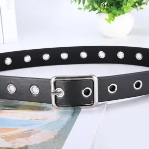 Women black grommet belt retro metal square buckle waist belt fashion casual PU leather belt