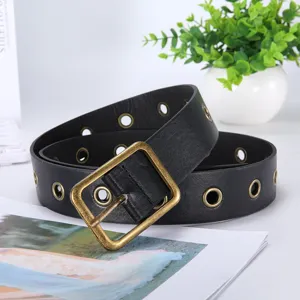 Women vintage black belt with metal grommets and square buckle, stylish casual waist belt.