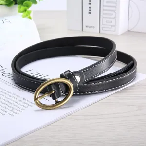 Women's slim black leather belt with vintage oval gold pin buckle for jeans casual style