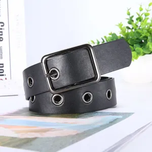 Stylish black leather belt featuring metallic grommets and a square buckle main view.
