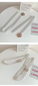 Women pearl waist belt detail view, elegant multi strand imitation pearl chain with rhinestone.
