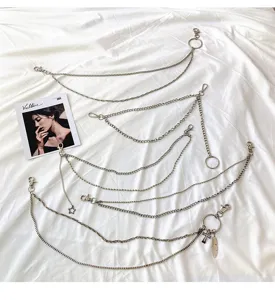 Silver metal pants chain hip hop waist chain set for women JK skirt jeans clothing accessory