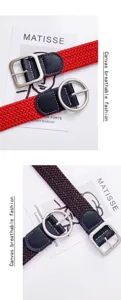 Canvas woven belt close-up detail showing breathable texture and durable metal buckle hardware.