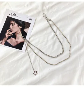 Silver multi-layer hip hop pants chain waist chain with star pendant for women jeans.
