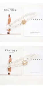 Women pearl elastic waist belt crystal flower decorative waist chain for dress coat white
