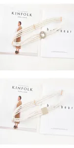 Elegant multi-strand pearl elastic waist belt with sparkling rhinestone buckle for women dresses coats