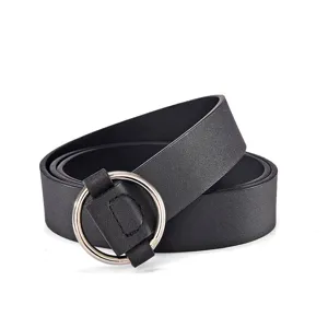 Dames zwarte riem met ronde metalen gesp, eenvoudige casual tailleband voor jeans en jurken.