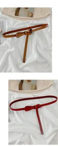 Detail view of thin genuine leather belt with elegant knot design, versatile accessory.