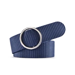 Classic navy blue canvas belt with double silver metal ring buckle, stylish casual waist accessory.