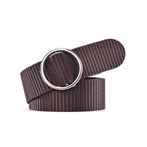 Brown canvas belt for women with double metal rings, casual adjustable O-ring waist belt.