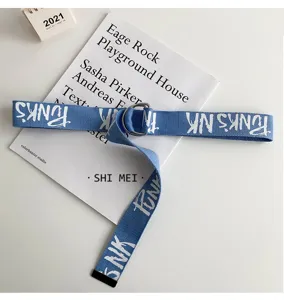 Blue canvas belt with metal D-ring buckle and trendy letter print for casual jeans daily wear.