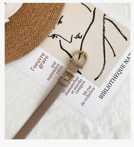 Minimalistischer schmaler Ledergürtel für Damen, schicker taupe Taillengürtel mit Goldschnalle.