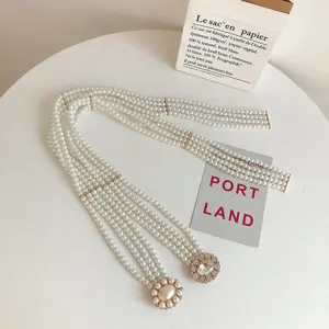 Women Korean INS Style Multi Layer Artificial Pearl Waist Belt Rhinestone Flower Metal Buckle Dress Decorative Belt