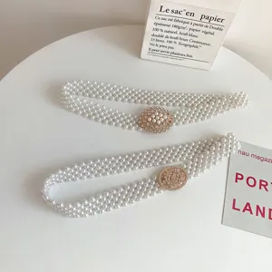 Korean style multi-layer pearl waist belt with rhinestone buckle for women dress fashion chic