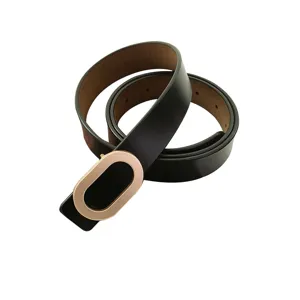 Women's black leather belt with a minimalist oval metal buckle, casual jeans waist belt stylish.