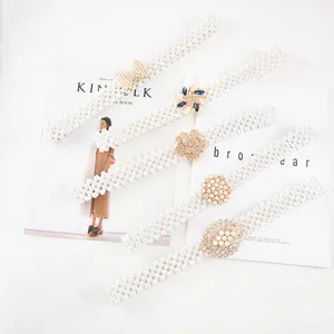 Women Fashion Corset Waist Belt Artificial Pearl Rhinestone Beaded Elastic Waistband For Dress Coat Decor