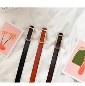 Women genuine leather belt minimalist gold rectangular buckle thin waist strap coat accessory.