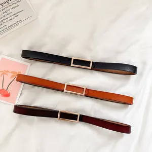 Minimalist slim leather belt with gold rectangular buckle, elegant waist accessory for women.