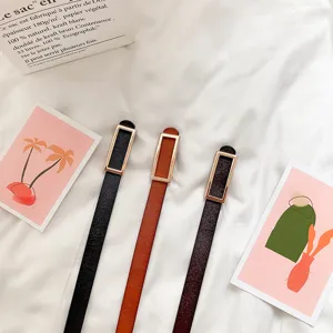 Minimalist women genuine leather slim belt with gold buckle stylish coat accessory