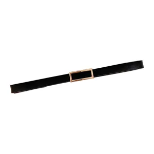 Women minimalist genuine leather thin belt with gold rectangular buckle for stylish coat wear