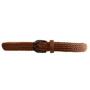 Vrouwen gevlochten riem retro casual bruine tailleband met donkere metalen gesp voor jeans