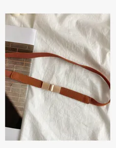Detalle de cinturón elástico marrón, hebilla metálica, accesorio retro para abrigo.