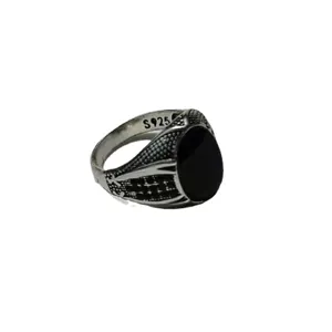 Anello uomo vintage argento antico placcato con pietra nera stile etnico moda gioielli