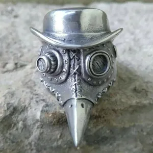 Vintage Punk Alloy Plague Doctor Mask Ring Antique Silver Gothic Bird Beak Hat Ring For Men Party Statement Jewelry Gift