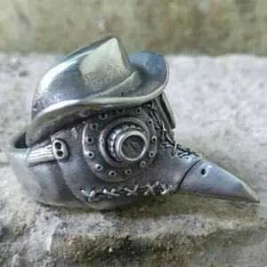Close up of gothic steampunk plague doctor mask ring detail and vintage silver finish texture