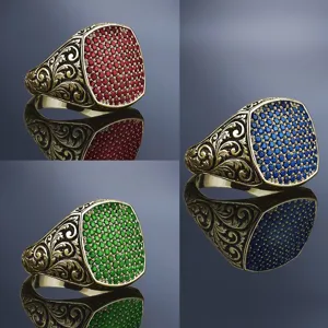 Heren Retro Punk Legering Gesneden Schild Ring Gotisch Vintage Gesneden Geometrisch Patroon Verguld Strass Ring Voor Heren Feest Dagelijks Sieraden
