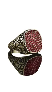 Heren vintage zegelring rode steen retro gesneden filigraan gotische punk statement ring