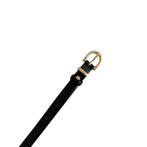 Damen Schwarzer Leder Dünner Gürtel Goldene Schnalle Minimalistisch Lässiger Hosengürtel