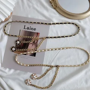 Women Fashion Waist Chain Metal Chain Leather Braided Waist Belt Camellia Pearl Pendant Dress Accessories