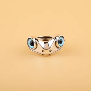 Zilveren Kikker Ring Open Band met Blauwe Duivel Ogen Hip Hop Dierensieraden Voor Uniseks