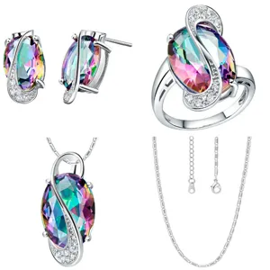 Parure de bijoux en topaze mystique multicolore couleur argent bague boucles d'oreilles